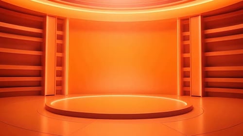 Modern Orange Virtual Studio Stage with Glowing Podium Background