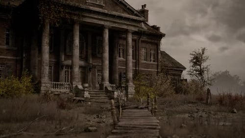 Abandoned Mansion with Wooden Path on Overcast Day