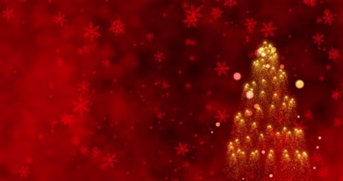 A Luminous Golden Christmas Tree Surrounded By Festive Red Snowflakes Against a Warm Background