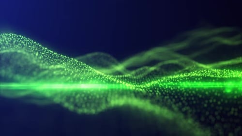 Abstract looping green energy waves from particles of futuristic hi-tech