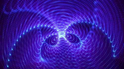 Abstract colorful background with futuristic spiral of particles and dots and bright neon rays, 3D