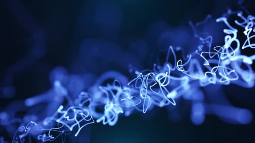 Bright blue glowing light trails swirling and flowing dynamically in a dark, futuristic design