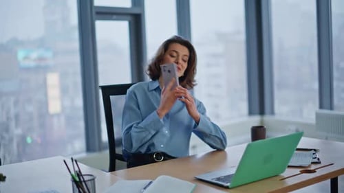 Confident Entrepreneur Calling Smartphone Sitting Luxury Office Space Closeup