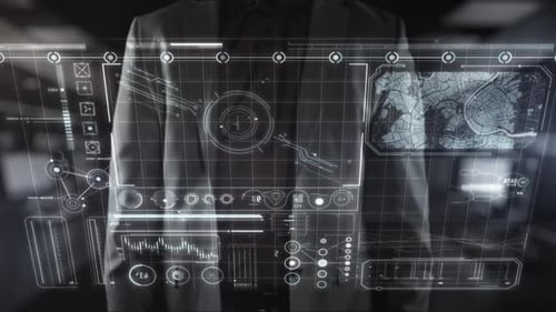 Businessman Using Futuristic Transparent Digital Interface in Office