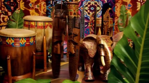 African Tribal Decor with Drums Masks and Elephant Statues