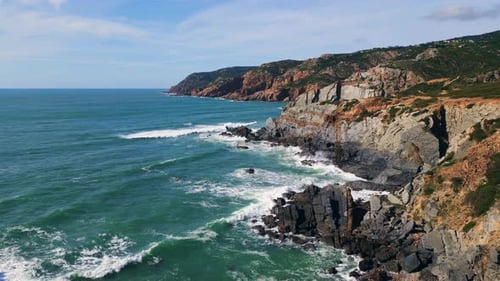 Sunny Marine Scenery Stormy Sea Washing Rocky Coastline Drone Waves Splashing