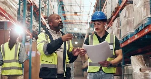Logistics, discussion or men with paper in warehouse, stock storage plan