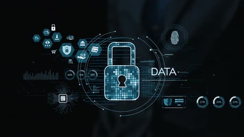 Digital Lock and Data Security Interface with Various Cybersecurity Icons and Graphics for Technolog