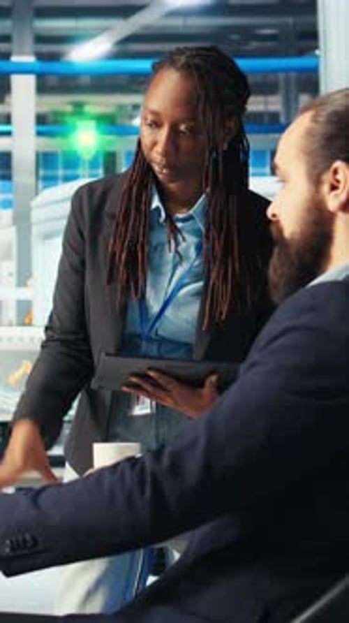 Vertical Video Photovoltaics Factory Coworkers Brainstorming Adjusting System Parameters