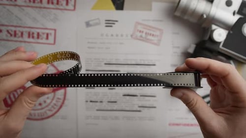 Hands Holding Film over Top Secret Documents