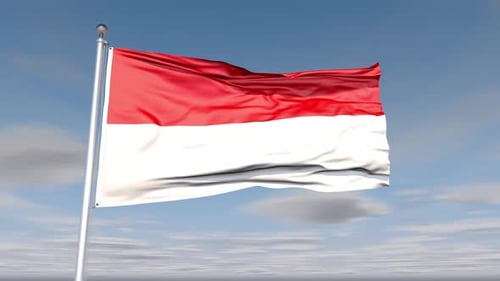 Waving Red and White Flag on Pole with Blue Sky Background