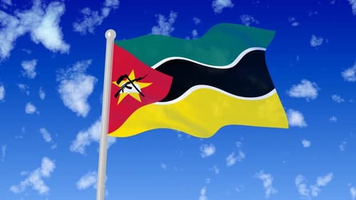 Animated Mozambique Flag Waving in Blue Sky with Clouds