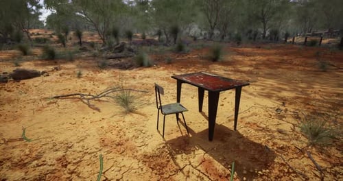3D Rendered Arid Landscape with Rusty Table and Chair