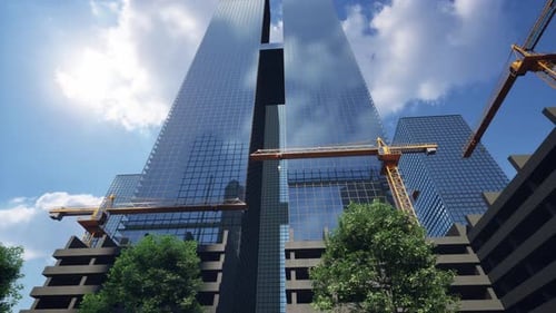 Edificio de gran altura con una grúa amarilla