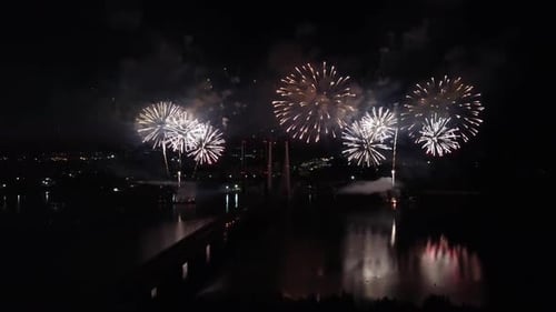 Abstract Colored Bright Fireworks at Night City Slow Motion