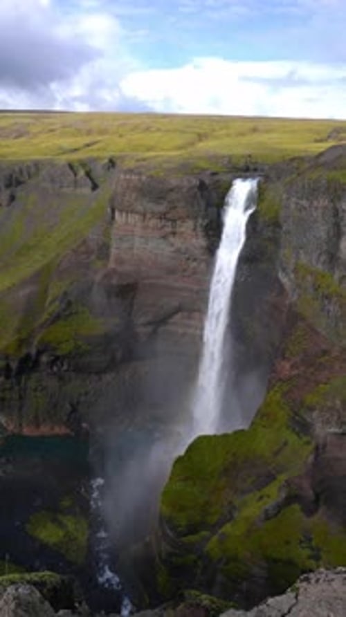 Haifoss Waterfall and Granni in Icelandic Highlands Aerial View