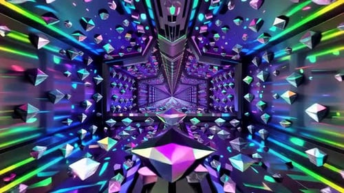 Abstrakte 3D-Neonstern-Tunnelschleife mit schwebenden Oktaedern