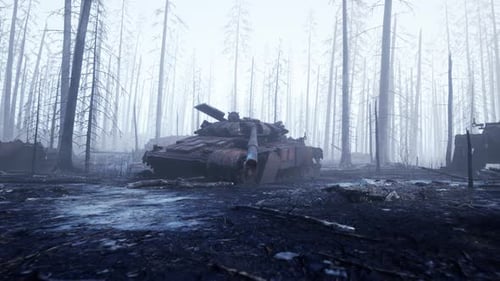 Destroyed Tank in Desolate Foggy Forest Battlefield Scene