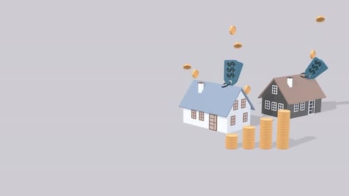 3D Houses With Stacked Coins Representing Real Estate Investment Or House Mortgage.