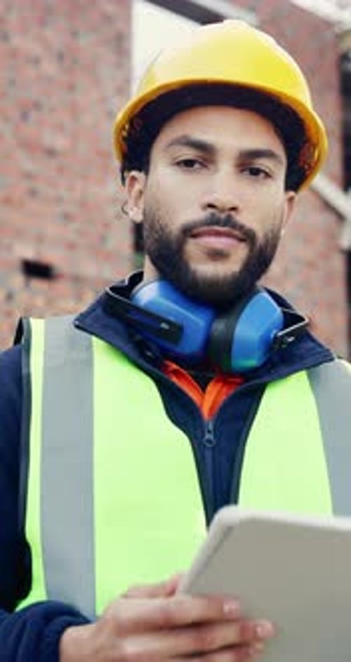 Tablet, man and face on construction site with developer for building, renovation project