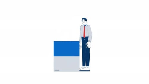 Analista chino de pie junto a una animación de garabatos de personajes 2D de bloques de datos