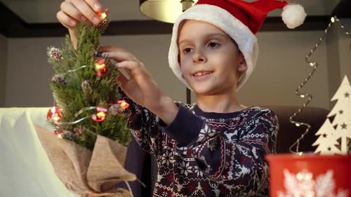 Child Decorating a Small Christmas Tree with Lights