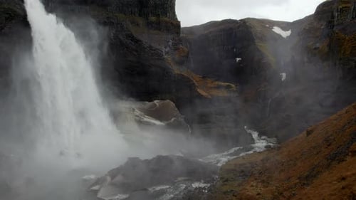 Aerial of Majestic Haifoss Waterfall. Spectacular Scenery of Iceland