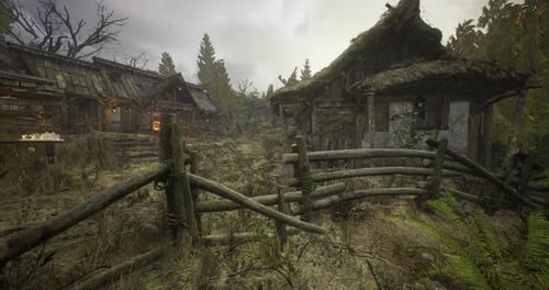 Haunting Village Landscape with Abandoned Houses and Overgrown Foliage