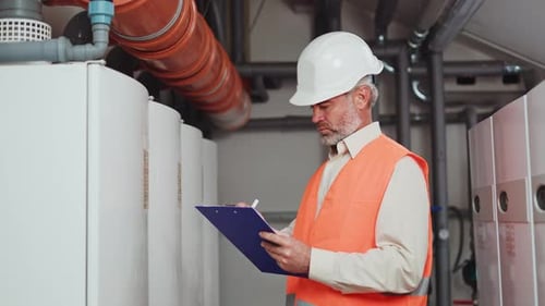 Senior Technician Writing on Clipboard While Checking Batch of Made Fridges