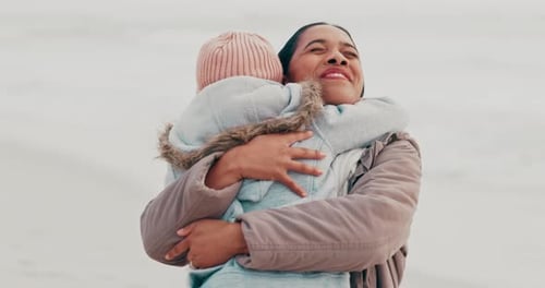 Beach, hug and mother with girl, holiday and happiness with summer break