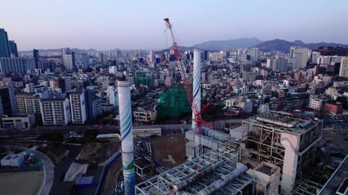 Fly over construction site in Seoul, South Korea
