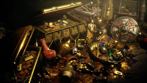 Glistening Gold Treasure Hoard with Ancient Artifacts