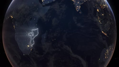 Órbita terrestre realista y zoom: fronteras brillantes con Mozambique