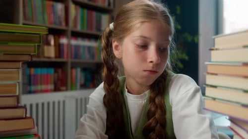Sad Caucasian Little Child Girl School Kid Looking at Two Big Stacks of Books Feeling Angry