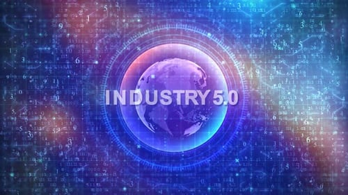 Industry 5.0 Concept on Futuristic Cyberspace Background with HUD, Numbers, and Globe
