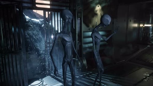 Animated 3D Grey Aliens in Futuristic Sci-Fi Environment
