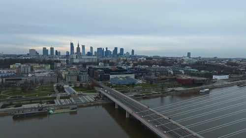 Aerial Panorama of Warsaw Poland with Swietokrzyski Bridge Over the Vistual River