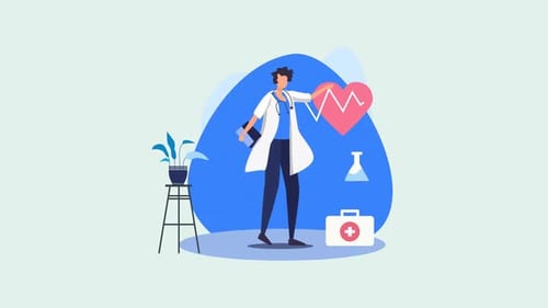 Animated Doctor and Heartbeat ECG in Flat Design Style