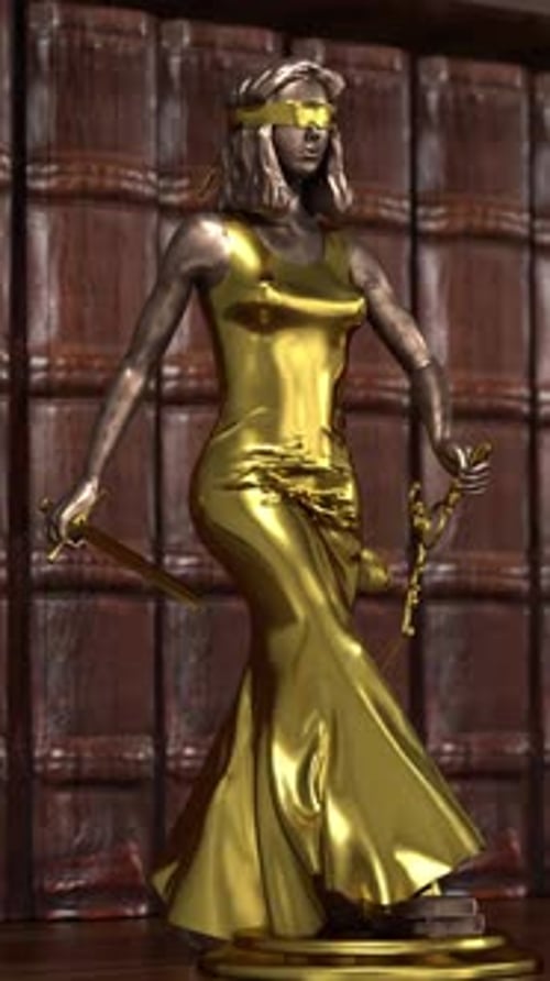 Blindfolded Lady Justice statue holding golden scales in courthouse setting.