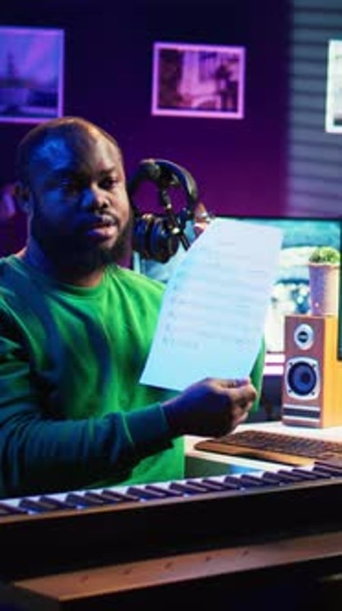 Musician Explains Sheet Music at Piano in Studio