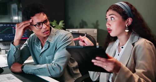 Tablet, finance and business people argue in office for cryptocurrency, investment