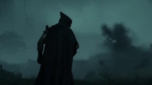 A Lonely And Frightening Figure Of A Witcher In A Dark Forest At Night A Man In A Dark Robe