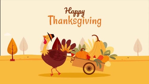 Happy Thanksgiving Animated Scene with Turkey and Harvest Cart