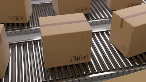 Cardboard boxes moving on a warehouse conveyor belt system