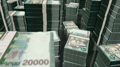 3D vol au-dessus de la boucle des packs de billets de banque en drams arméniens