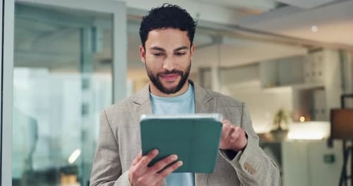 Happy man, tablet and typing in office at startup, checklist or notes for project management