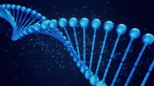 Rotating Blue DNA Helix with Digital Particles Loop Background