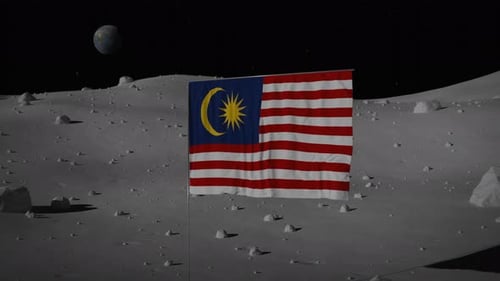 Waving Malaysian Flag on Moon with Distant Earth View