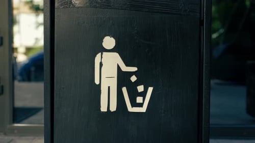 Primer plano de un bote de basura de hierro negro con una bolsa de basura negra estirada con un icono dibujado en blanco de un