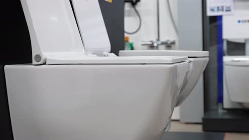 Keramische Toilettenschüsseln verschiedener Typen und Farben in einer Klempnerei